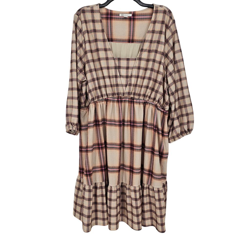 Cato Cream Plaid Fall Babydoll Peasant Prairie Long Sleeve Dress Plus 22/24W
